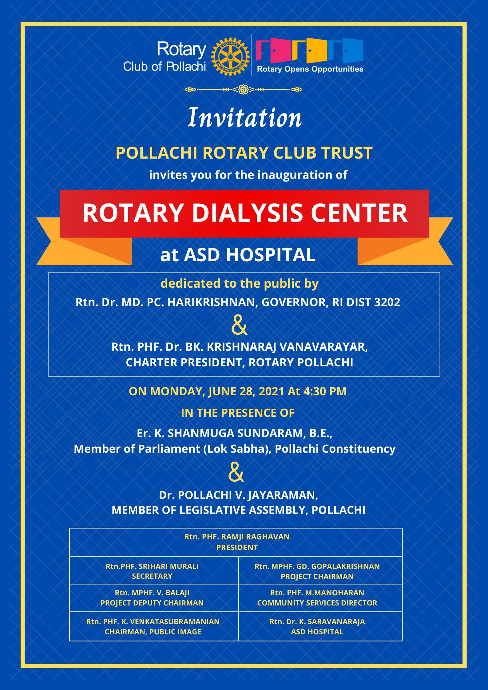 Invitation for the Inauguration of Rotary Dialysis Center